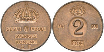 Швеция 2 эре 1965 U, Густав VI Адольф (1950-1973) KM 821 бронза 4364-811