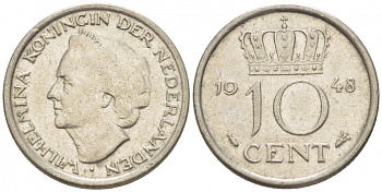 Нидерланды 10 центов 1948 Вильгельмина (1895-1948) KM 177 никель 214-745