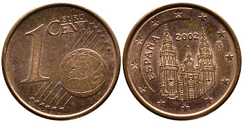 ИСПАНИЯ 1 ЕВРОЦЕНТ 2002 KM 1040 сталь плакированная медью 179-657