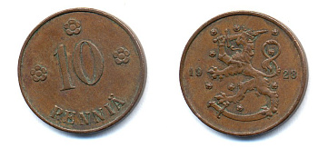 Финляндия 10 пенни 1928 республика (1918-1962) KM 24 медь 46-1625
