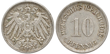 Германия 10 пфеннигов 1912 F KM 12, J. 13 медно-никель 4132-456