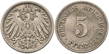 ГЕРМАНИЯ 5 ПФЕННИГОВ 1906 A, KM 11, J. 12 медно-никель 75-855