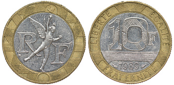 Франция 10 франков 1989 тип гений Бастилии KM 964.1, Le Franc 375.3 биметалл  45-631