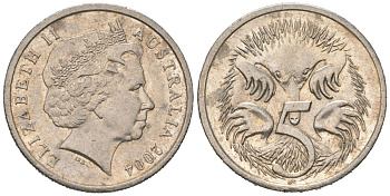 Австралия 5 центов 2004 ехидна, Елизавета II (1952-2022) KM 401 медно-никель aUNC 4618-714