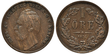 Швеция 1 эре 1872 L.A., Карл XV (1859-1872) KM 705 бронза 26-1165