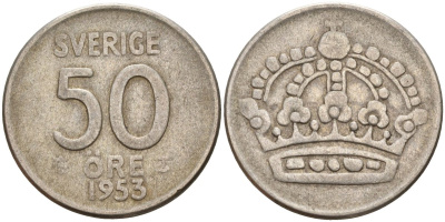 Швеция 50 эре 1953 TS, Густав VI Адольф (1950-1973) KM 825 серебро 4148-922