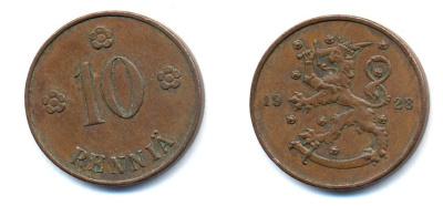 Финляндия 10 пенни 1928 республика (1918-1962) KM 24 медь 46-1625