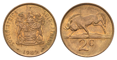 ЮАР 2 цента 1985 герб, антилопа гну KM 83 бронза UNC 4114-652