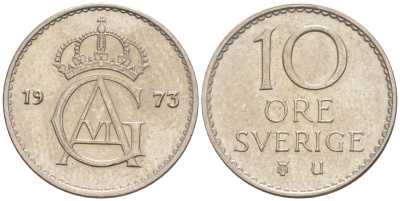Швеция 10 эре 1973 U, Густав VI Адольф (1950-1973) KM 835 медно-никель UNC 187-825