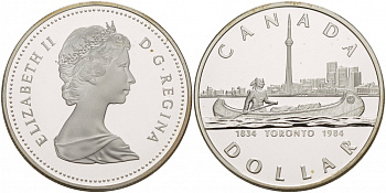 Канада 1 доллар 1984 150 лет Торонто, каноэ KM 140 серебро PROOF 1087-6-33