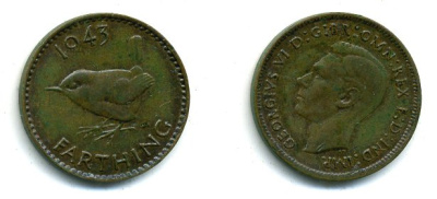 Великобритания 1 фартинг 1943 Георг VI (1936-1952) KM 843, Spink 4116 бронза 37-243