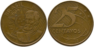 Бразилия 25 сентаво 2005 KM 650, Schon 158 сталь плакированная бронзой 4525-357