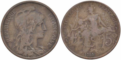 ФРАНЦИЯ 5 САНТИМОВ 1913 ТИП ДАНИЭЛЬ ДЮПЮИ KM 842, LE FRANC 119.25 бронза 108-944
