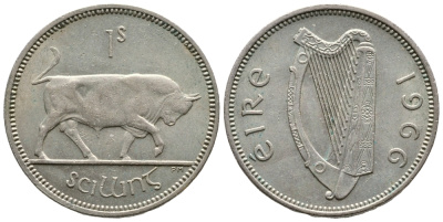 ИРЛАНДИЯ 1 ШИЛЛИНГ 1966 БЫК KM 14а медно-никель 4110-1211