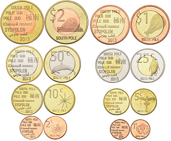Южный полюс лот из 8 монет 2013 (1, 2, 5, 10, 25, 50 центов, 1, 2 доллара) животные, 4 монеты биметалл UNC 00-00