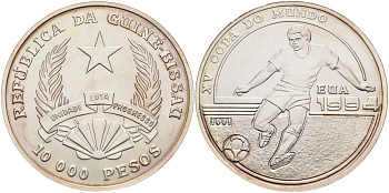Гвинея-Биссау 10000 песо 1991 чемпионат мира по футболу в США 1994 года KM 29 серебро BUNC 04-326-35