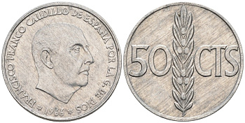 Испания 50 сентимо 1966 (68) Франсиско Франко (1939-1975) KM 795 алюминий 4567-521