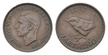 Великобритания 1 фартинг 1937 Георг VI (1936-1952) KM 843, Spink 4116 бронза 4664-325