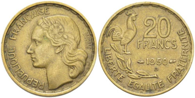 Франция 20 франков 1950 петух, полная подпись, 4 пера KM 916.1, Le Franc 401.3 алюминиевая бронза 175-647