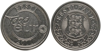ЭСТОНИЯ ЖЕТОН 2011 TERE EURO (ЗДРАСТВУЙ ЕВРО), ВЕС 3 ГР., ДМИАМЕТР 20 ММ., ТОЛЩИНА 1,25 ММ., ТИРАЖ 700000 ЭКЗ., МАГНИТНЫЙ, МЕДАЛЬНАЯ РОТАЦИЯ, ГУРТ ГЛАДКИЙ никелированная сталь 181-137