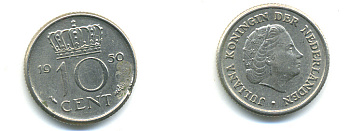 НИДЕРЛАНДЫ 10 ЦЕНТОВ 1950 ЮЛИАНА KM 182 никель 83-959