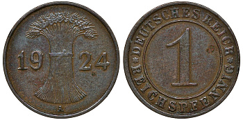 ГЕРМАНИЯ 1 РЕЙХСПФЕННИГ 1924 A KM 37, J. 313 бронза 72-1131