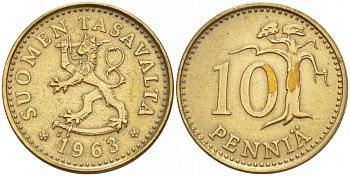 ФИНЛЯНДИЯ 10 ПЕННИ 1963 ПЕРВЫЙ ГОД KM 46 алюминиевая бронза 4548-253