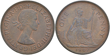 Великобритания 1 пенни 1967 Елизавета II (1952-2022) KM 897, Spink 4157 бронза 4557-1023