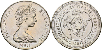 Остров Мэн 1 крона 1980 200 лет дерби, ипподромные скачки KM 63 медно-никель UNC 118-613