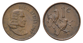 ЮАР 1 цент 1967 Ян ван Рибек (1619-1677), South Africa, легенда на африкаанс, капские воробьи KM 65.1 бронза 4690-1156