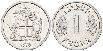 Исландия 1 крона 1976 KM 23 алюминий UNC 4124-759