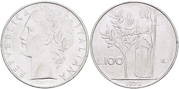 ИТАЛИЯ 100 ЛИР 1975 R, АФИНА KM 96.1 нержавеющая сталь 4526-326