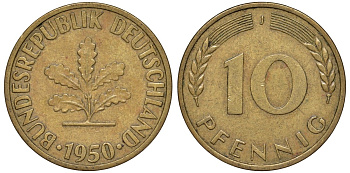 ФРГ 10 пфеннигов 1950 J KM 108, J. 383 сталь плакированная латунью 4132-534