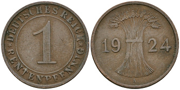 Германия 1 рентенпфенниг 1924 A KM 30, J. 306 бронза 4608-315