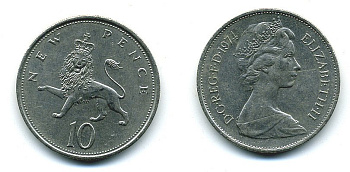 Великобритания 10 пенсов 1974 Елизавета II (1952-2022) KM 912, Spink 4231 (F1) медно-никель  4110-1332
