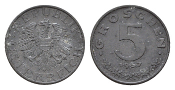 Австрия 5 грошей 1957 KM 2875 цинк 4630-133