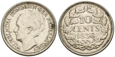 Нидерланды 10 центов 1938 Вильгельмина I (1890-1948) KM 163 серебро  4189-161