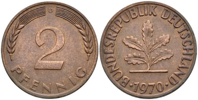 ФРГ 2 ПФЕННИГА 1970 D KM 106a, Jager 381a сталь плакированная сталь плакированная медьюю 4546-957