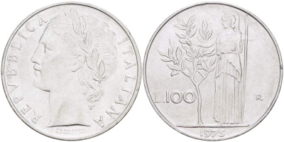 ИТАЛИЯ 100 ЛИР 1975 R, АФИНА KM 96.1 нержавеющая сталь 4526-326