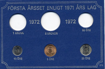 Швеция 5, 10, 25 эре 1972 Густав VI Адольф (1950-1973) в картоне набора монетного двора UNC 7-5-7-267