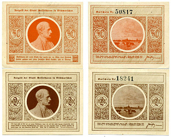 Вессельбурен лот из 2 банкнот 1921 нотгельд (50 пфеннигов 2 марки), земля Шлезвиг-Гольштейн Grabowski 1411.1 бумага 2195-18-2-2