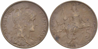 ФРАНЦИЯ 5 САНТИМОВ 1912 ТИП ДАНИЭЛЬ ДЮПЮИ KM 842, LE FRANC 119.24 бронза 108-934