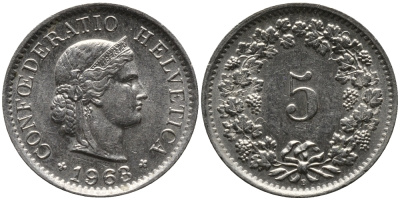 ШВЕЙЦАРИЯ 5 РАППЕНОВ 1963 В KM 26 медно-никель 96-1128