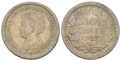 Нидерланды 10 центов 1917 Вильгельмина (1890-1948) KM 145 серебро 4611-221
