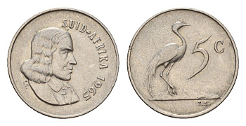 ЮАР 5 центов 1965 Ян ван Рибек (1619-1677), Suid Africa, легенда на африкаанс, райский журавль KM 67.2 медно-никель 4640-1063