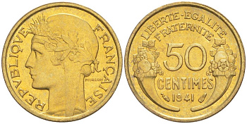 ФРАНЦИЯ 50 САНТИМОВ 1941 ТИП MORLON KM 894.1, LE FRANC 192.18 алюминиевая бронза 44-564
