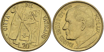ВАТИКАН 20 ЛИР 1981 ГОД III, ИОАНН ПАВЕЛ II (1978-2005) KM 156 алюминиевая бронза 4519-315