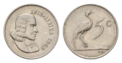 ЮАР 5 центов 1965 Ян ван Рибек (1619-1677), Suid Africa, легенда на африкаанс, райский журавль KM 67.2 медно-никель 4640-1063