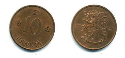 Финляндия 10 пенни 1921 республика (1918-1962) KM 24 медь 46-349