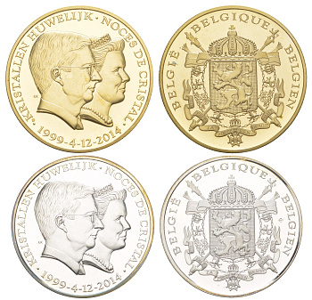 Бельгия подарочный набор из 2 медалей и 1 значка посвященная хрустальной свадьбе Филиппа I 2014 1 медаль - диаметр 37 мм, вес 22,85 гр, серебро; 2 медаль - диаметр 38,6 мм, вес 26 гр, серебро плакированная золотом; в красочной упаковке, дерево, с сертифик